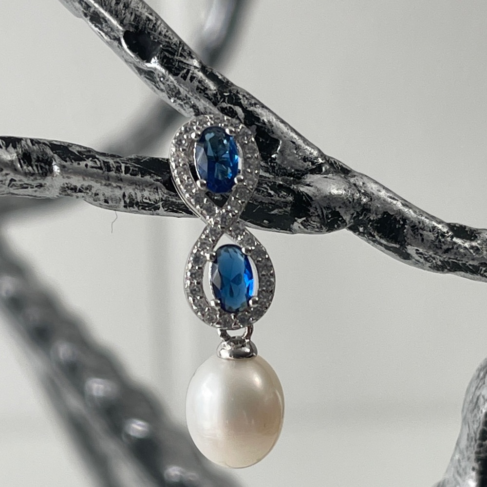 925S Blue Gemstones Stud Earrings With Cultured Freshwater Pearl and Zirconia - Picture 10 of 16